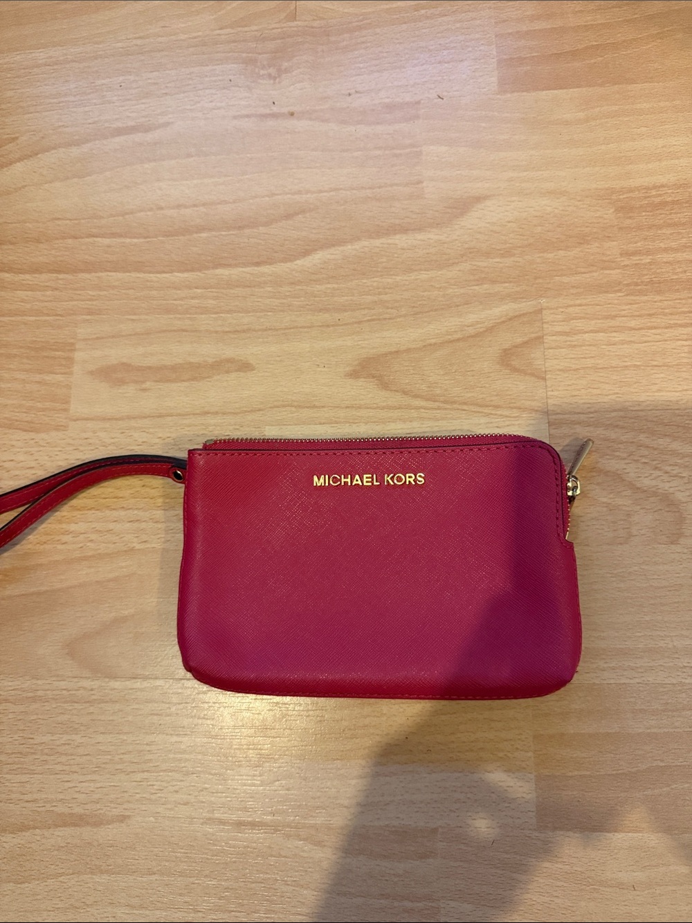 Michael Kors Wristlet 2 tone raspberry Red and brown- Saffiano double Zip